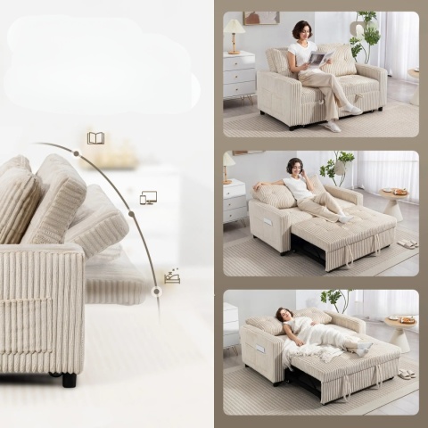 Kanapa Sofa rozkładana Mała Sztruks 157x90 cm Kremowa