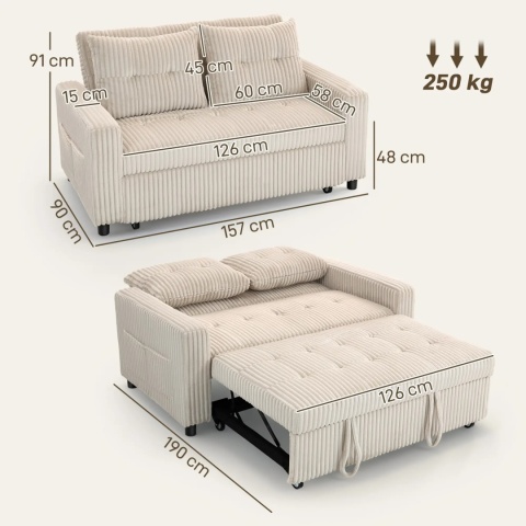 Kanapa Sofa rozkładana Mała Sztruks 157x90 cm Kremowa