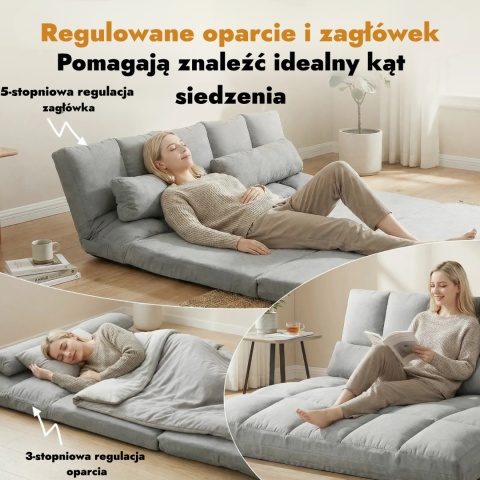 Sofa roskładana 3 w1 leżanka kanapa regulowane oparcie szara