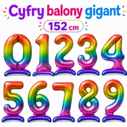 Balon XXL CYFRY STOJĄCE Gigant 152cm RAINBOW Balony Kolorowe Błyszczące