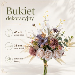 Bukiet sztucznych kwiatów 45 cm Vintage Różowy Fioletowy Kompozycja Róże Eukaliptus