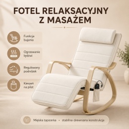 Fotel bujany z masażem ogrzewaniem podnóżkiem kremowo-biały