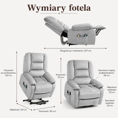 Fotel podnoszony regulowany elektryczny rozkładany geriatryczny telewizyjny wypoczynkowy