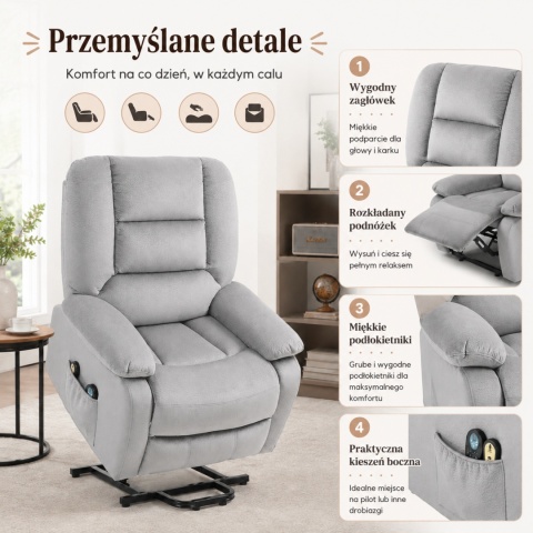 Fotel podnoszony regulowany elektryczny rozkładany geriatryczny telewizyjny wypoczynkowy