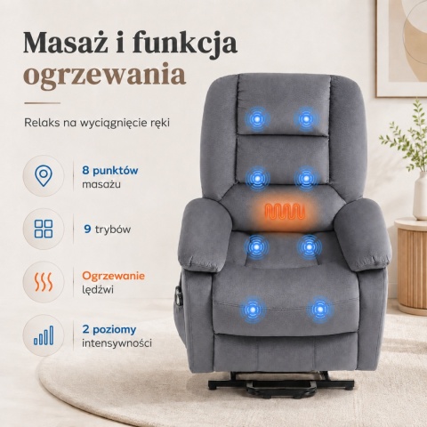 Fotel podnoszony regulowany elektryczny rozkładany geriatryczny telewizyjny wypoczynkowy