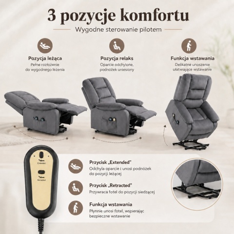 Fotel podnoszony regulowany elektryczny rozkładany geriatryczny telewizyjny wypoczynkowy