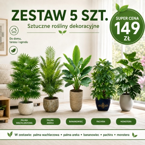 Kwiaty sztuczne Zestaw 5 sztuk Rośliny Tropikalne do domu Ogrodu 65cm Monstera Palma Bananowiec