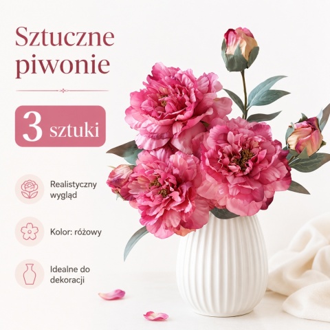 Piwonie Sztuczne Kwiaty Realistyczne Duże 3 sztuki Różowe