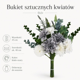 Bukiet sztucznych kwiatów 45 cm biało-szary z eukaliptusem PIĘKNY