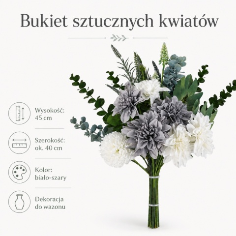 Bukiet sztucznych kwiatów 45 cm biało-szary z eukaliptusem PIĘKNY