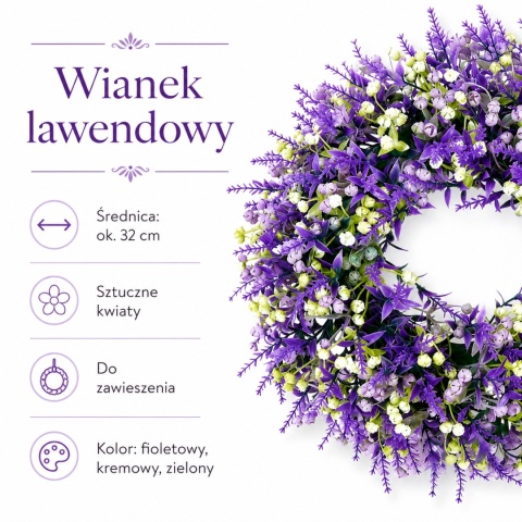 Wianek na drzwi Lawenda 35cm Sztuczne kwiaty Lawendowy GĘSTY SOLIDNY