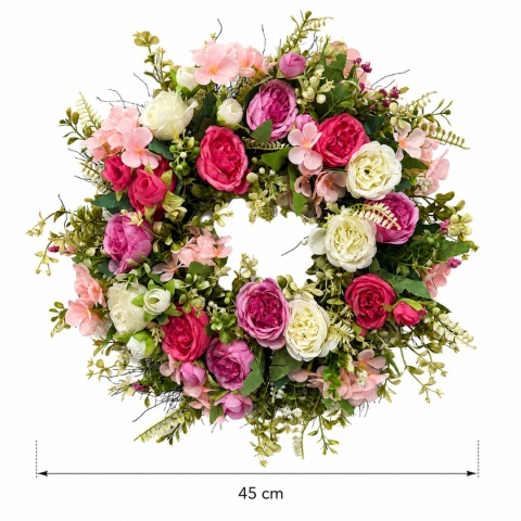 Wianek na drzwi ścianę Wieniec 45cm GĘSTY ŚLICZNY Róże Różowy Kremowy