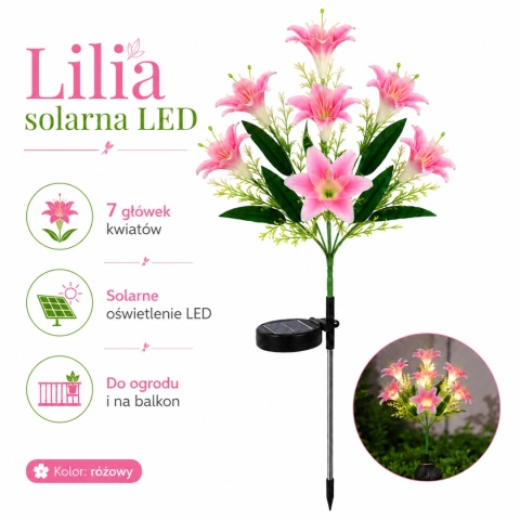 Kwiaty Sztuczne z oświetleniem LED SOLARNE do ogrodu Lilie XL Różowe ŚLICZNE