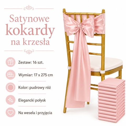 Kokardy na krzesła 16 sztuk ZESTAW XXL RÓŻOWE Satynowe