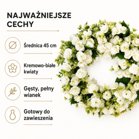 Wieniec Wianek na drzwi 45cm Ścianę Sztuczne Kwiaty Białe Róże Rustykalny