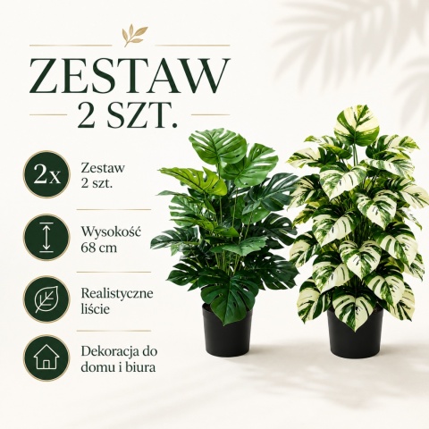 Sztuczne kwiaty Monstera Rośliny 2 sztuki Zestaw 68cm Zielone Kremowe
