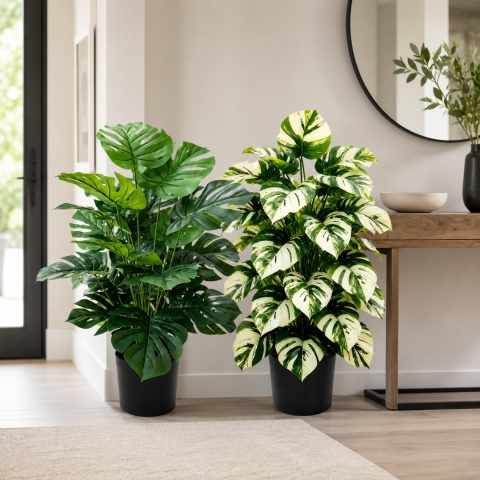 Sztuczne kwiaty Monstera Rośliny 2 sztuki Zestaw 68cm Zielone Kremowe