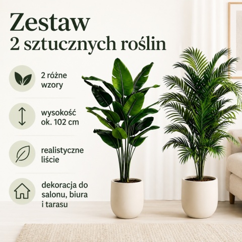 Sztuczne rośliny kwiaty 2 sztuki Palma 102cm Zestaw dwóch kwiatów Zielone