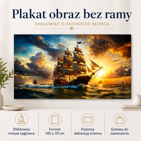 Plakat Obraz 140x70 cm Żaglowiec o zachodzie słońca Statek