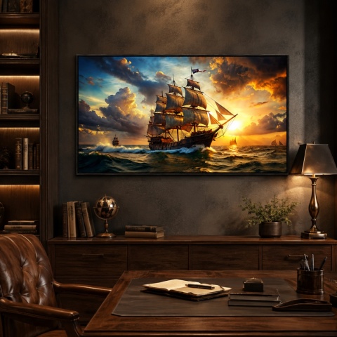 Plakat Obraz 140x70 cm Żaglowiec o zachodzie słońca Statek