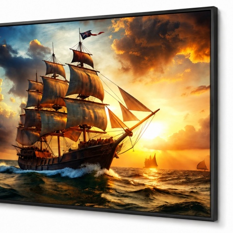 Plakat Obraz 140x70 cm Żaglowiec o zachodzie słońca Statek