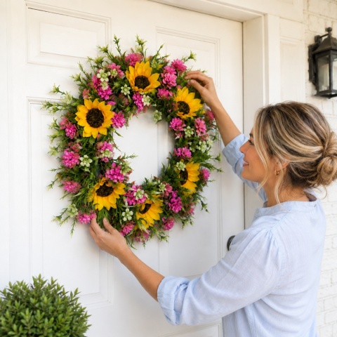 WIANEK NA DRZWI SZTUCZNY 40cm Słoneczniki Wieniec na ŚCIANĘ KWIATY