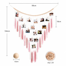 Wieszak boho na zdjęcia 99cm Makrama na ścianę z frędzelkami Rózowy Kremowy