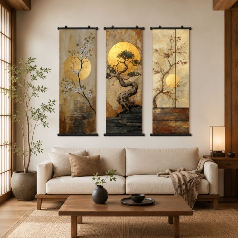 Zestaw 3 obrazów plakatów dekoracyjnych zwojów ściennych Orientalne Bonsai 40 × 120 cm