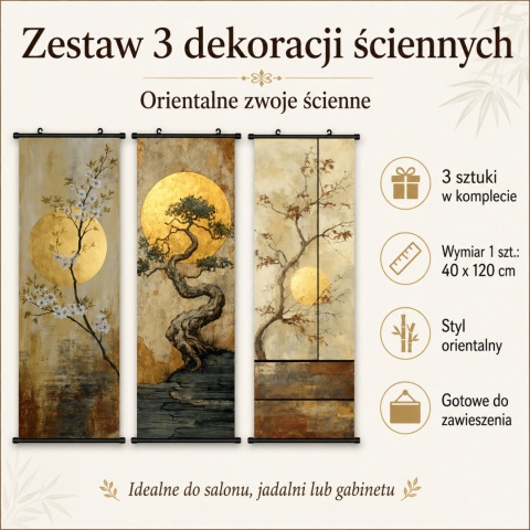 Zestaw 3 obrazów plakatów dekoracyjnych zwojów ściennych Orientalne Bonsai 40 × 120 cm