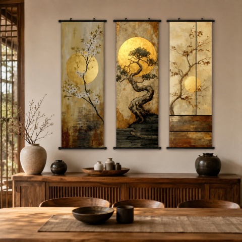 Zestaw 3 obrazów plakatów dekoracyjnych zwojów ściennych Orientalne Bonsai 40 × 120 cm
