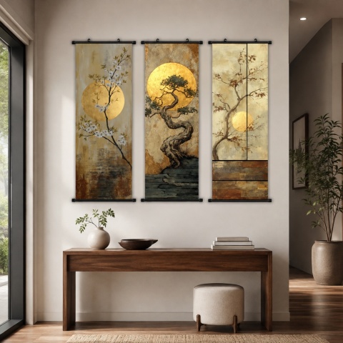 Zestaw 3 obrazów plakatów dekoracyjnych zwojów ściennych Orientalne Bonsai 40 × 120 cm